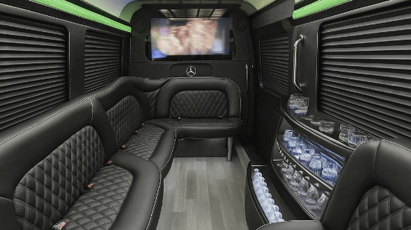 Interior of Charter Bus Company Grand Prairie's 14 Passenger Sprinter Limousine in Grand Prairie
