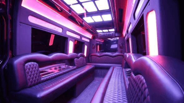 Interior of Charter Bus Company Plano's 15 Passenger Party Bus in Plano